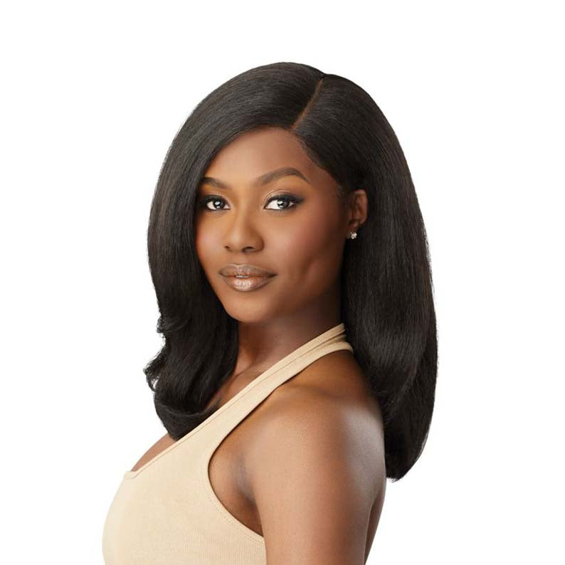 OUTRE melted hairline lace front wig sleek shoulder length straight black hair with side part natural look
