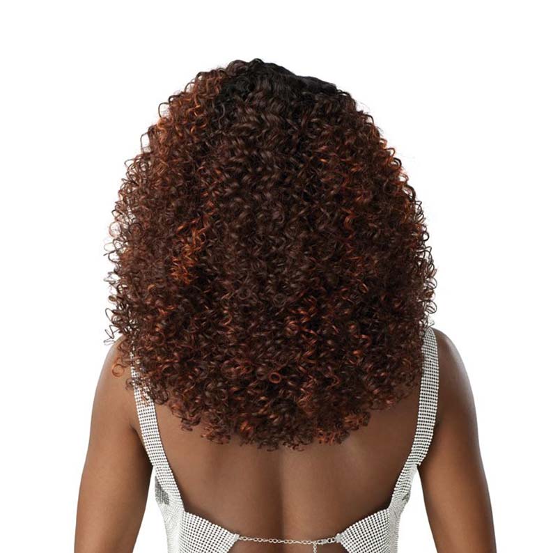 Melted Hairline lace front wig OUTRE curly shoulder length brown wig with auburn highlights back view on model