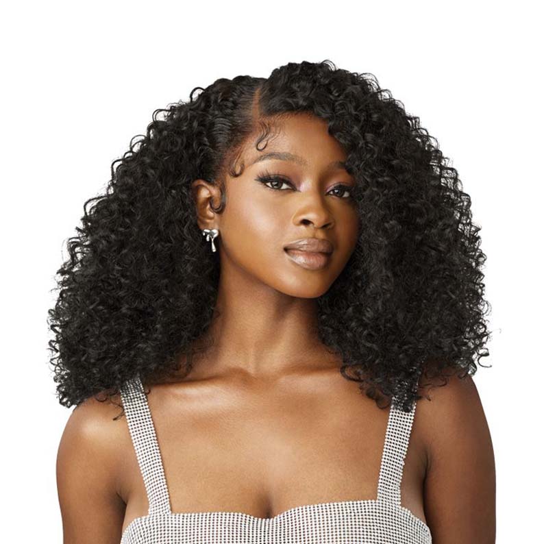 OUTRE curly shoulder length black wig on model with deep side part and baby hair Melted Hairline lace front wig.