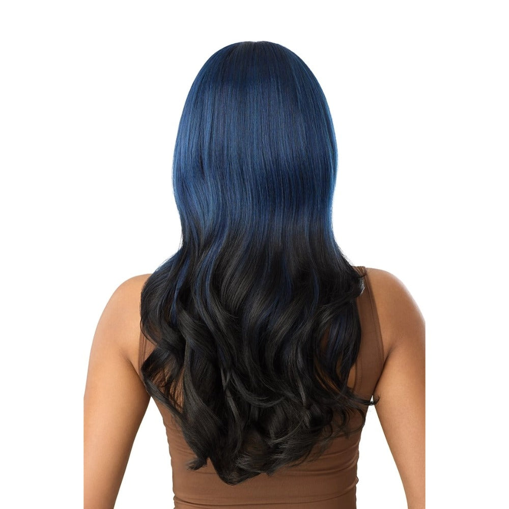 OUTRE melted hairline wig long wavy blue to black ombre synthetic hair back view