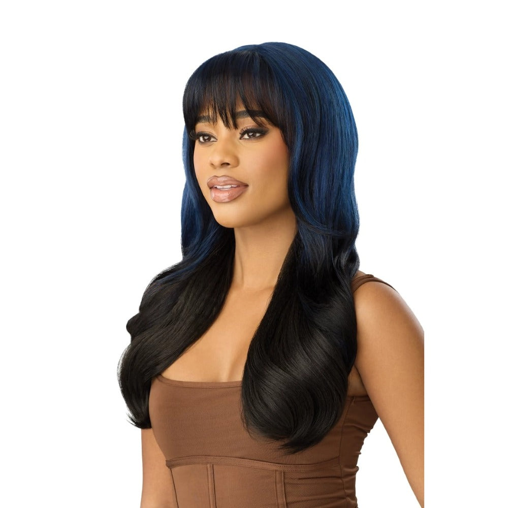 OUTRE melted hairline wig long black with blue highlights and curtain bangs sleek waves