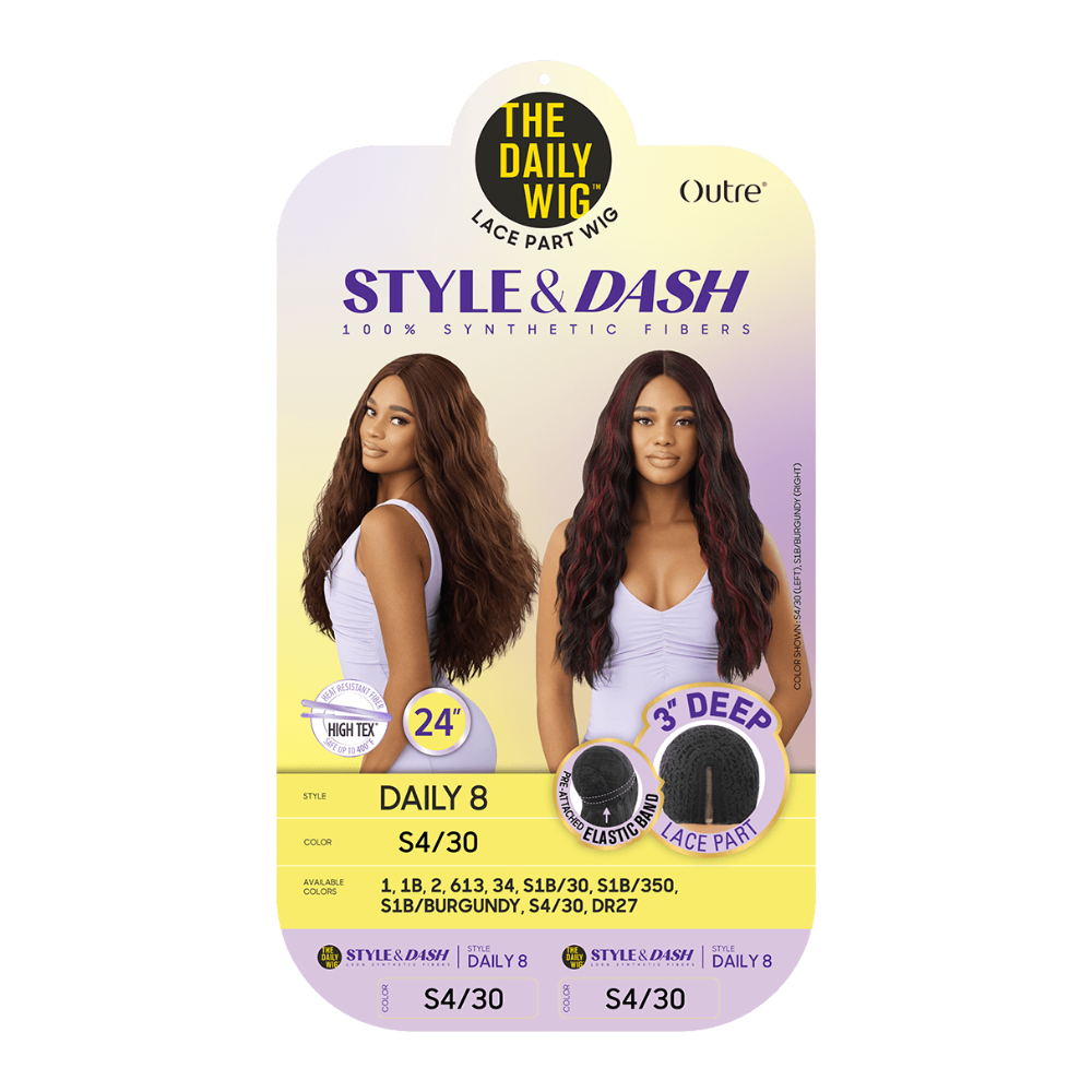 Outre The Daily Wig Style Dash 24 inch lace part wig packaging with two models wearing S4 30 brown and burgundy waves
