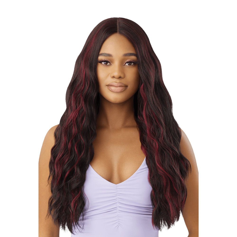 Outre The Daily Wig long wavy black wig with burgundy highlights and center part on model