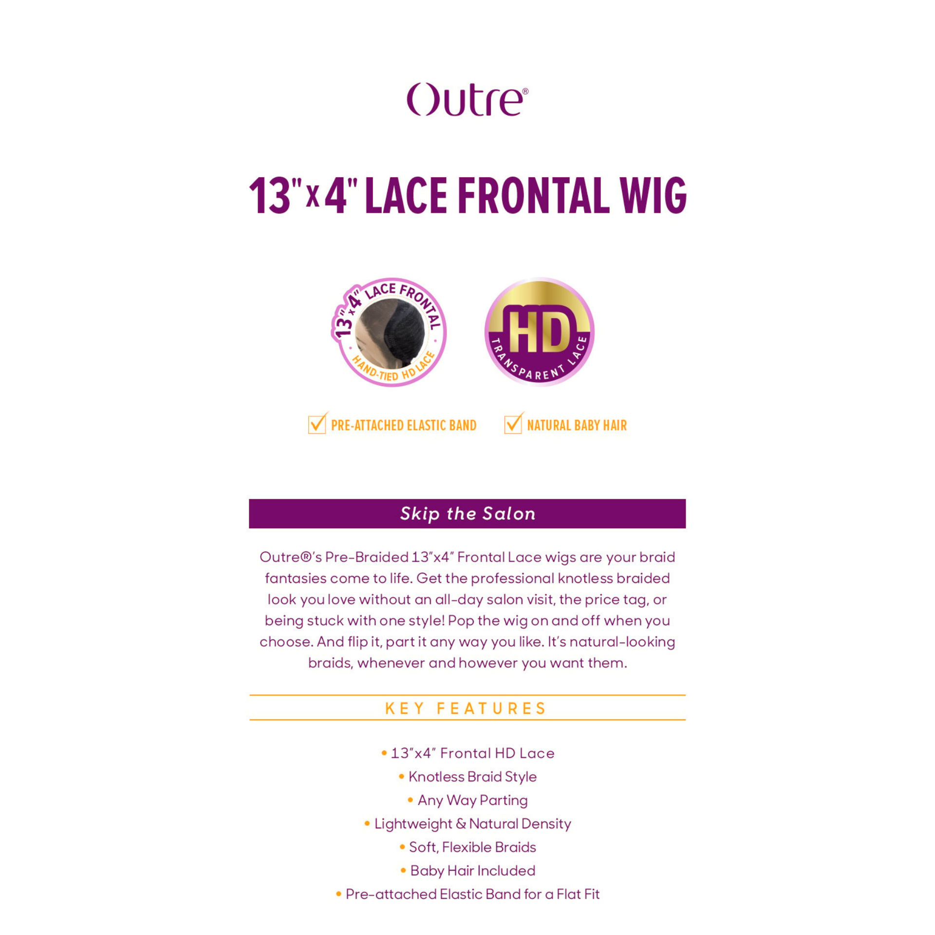 OUTRE pre-braided lace frontal wig 13x4 HD lace packaging showing pre-attached elastic band and natural baby hair