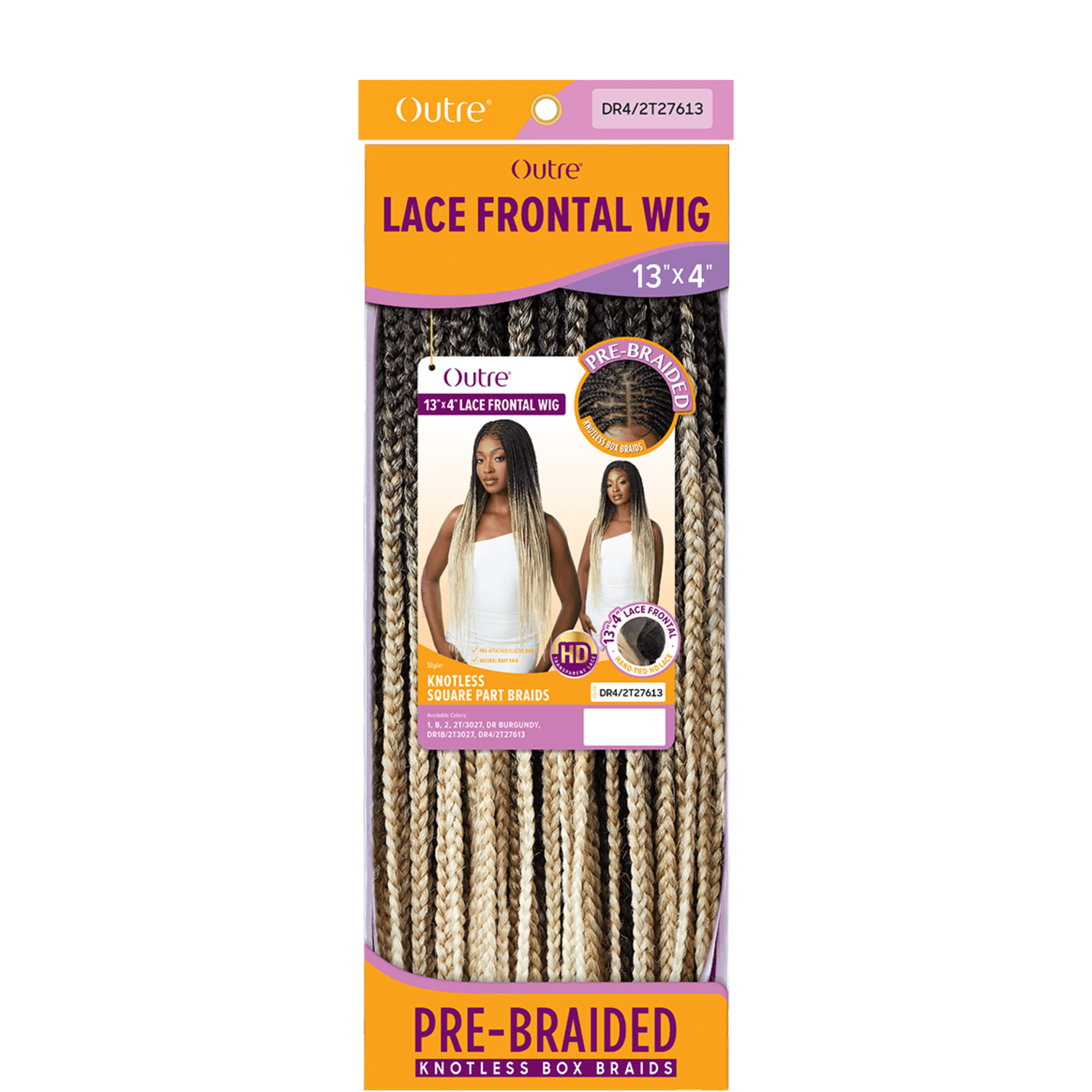 OUTRE pre-braided lace frontal wig 13x4 knotless box braids blonde ombre packaging showing model photos