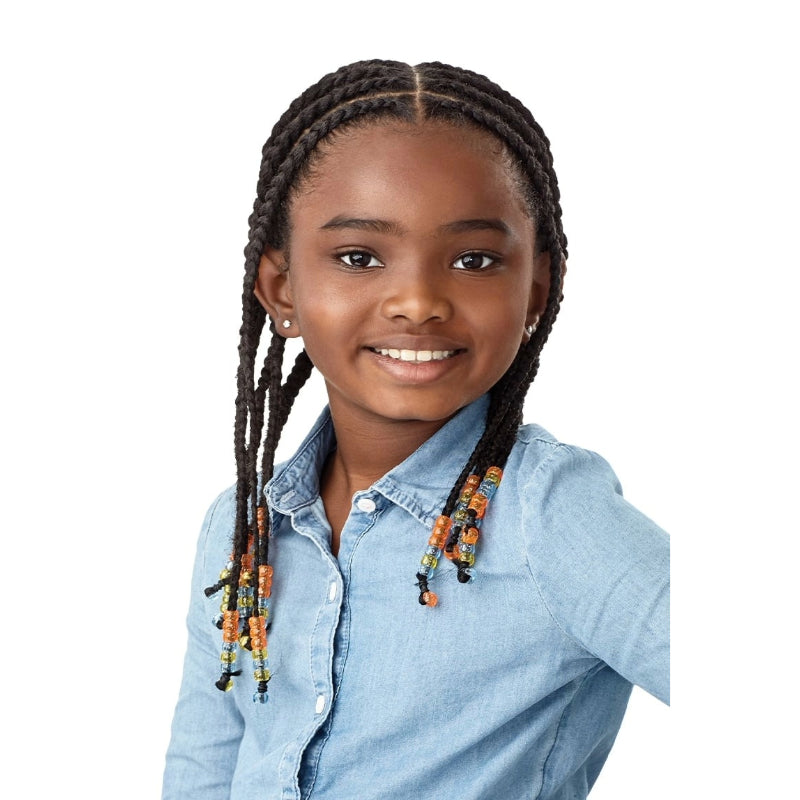 OUTRE pre-stretched braiding hair for kids styled in neat braids with colorful beads on a smiling girl