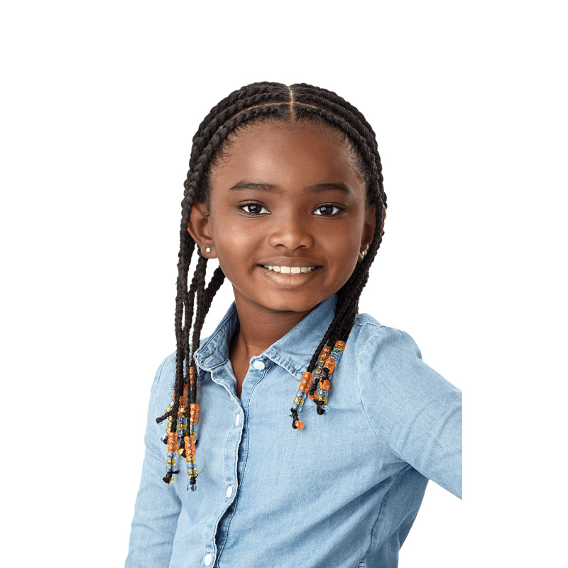 Young girl with OUTRE pre-stretched calming braid hair styled in neat braids with colorful beads