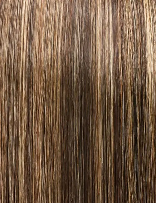Close-up of OUTRE premium ponytail hair extension showing smooth, shiny strands in natural brown tones