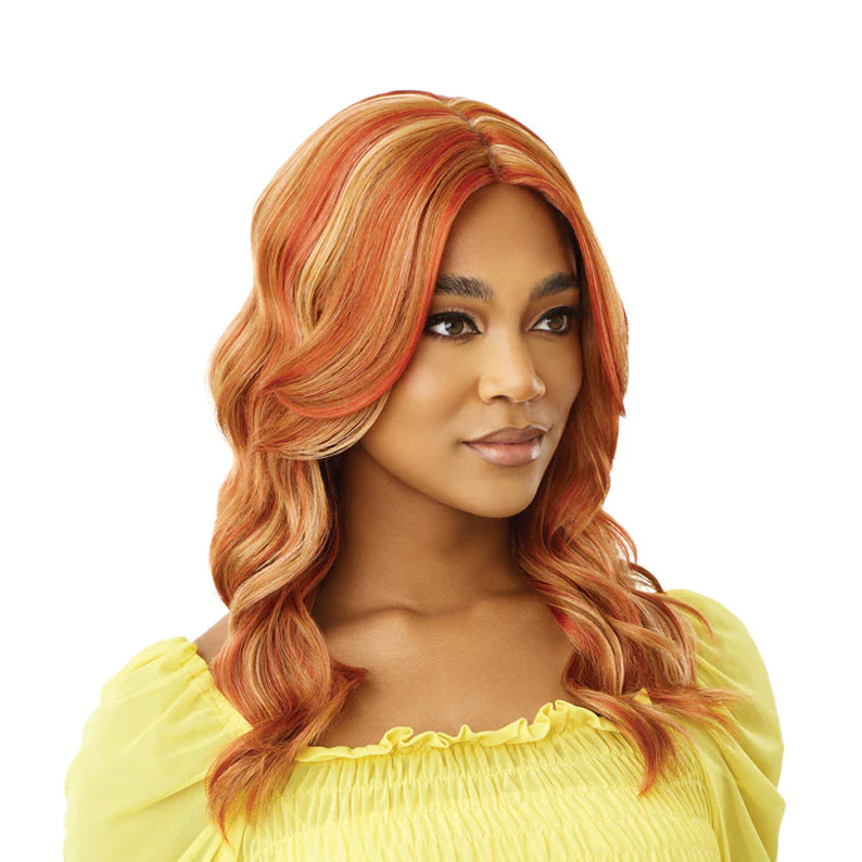 OUTRE Prianna 20 inch synthetic lace wig. Auburn copper wavy mid part lace front wig on model