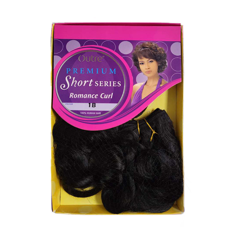 Outre premium short human hair romance curl weave 1B black bundles in box with model photo