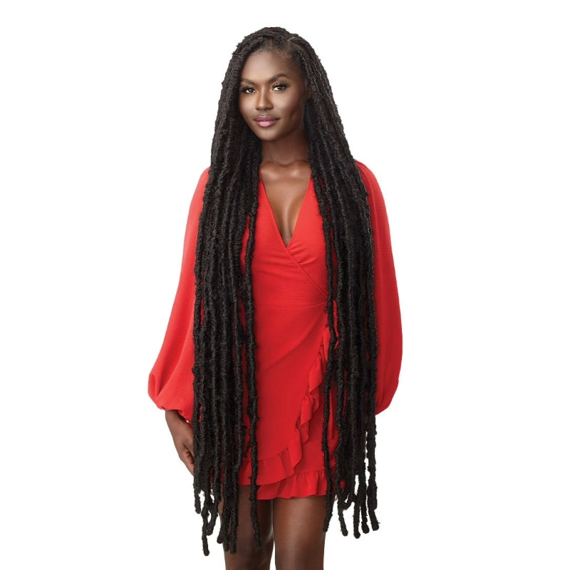 OUTRE braid with springy afro twist hair extensions worn by woman in red dress