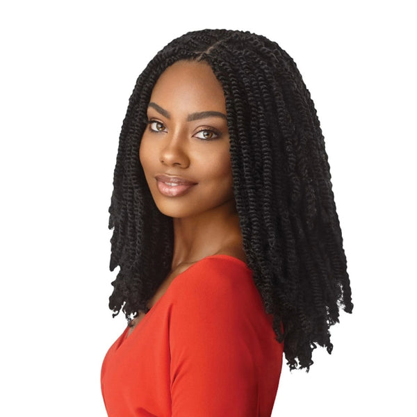 OUTRE springy afro twist hair extensions braided on woman with shoulder-length natural black hair