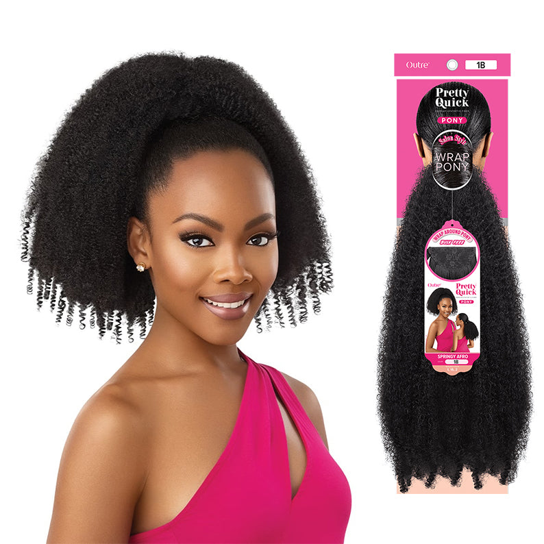 OUTRE springy afro wrap ponytail in 1B natural black shown on model with voluminous curls