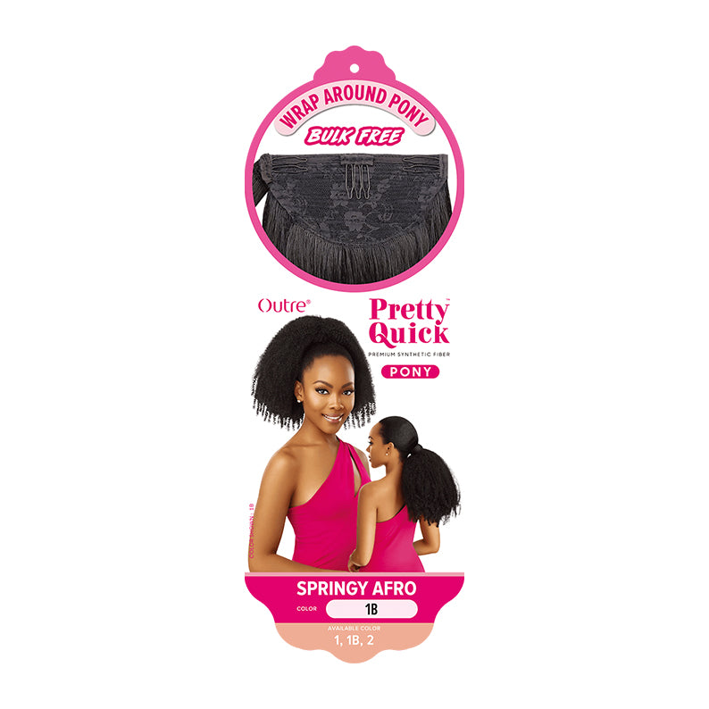 OUTRE springy afro wrap ponytail 1B packaging showing model wearing textured curly wraparound ponytail