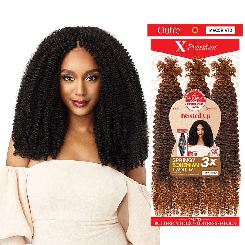 Outre springy bohemian twist crochet braids in macchiato color with butterfly locs and distressed locs