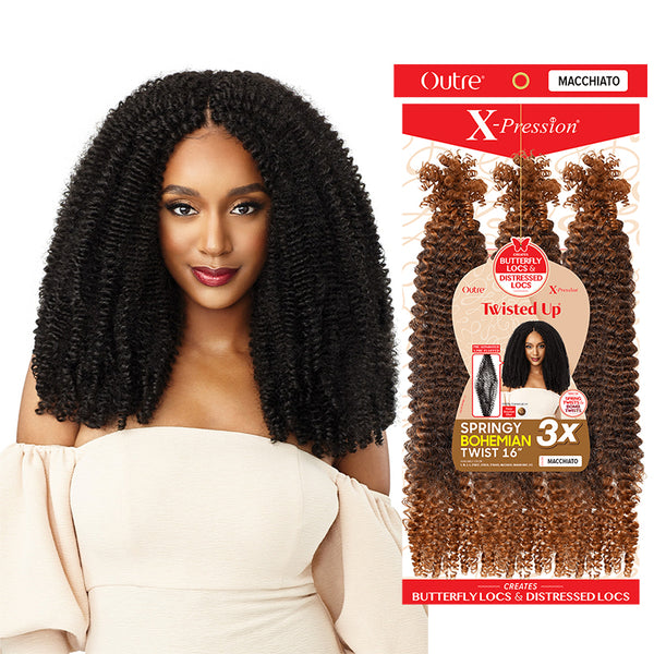 Outre springy bohemian twist crochet braids in macchiato color with butterfly locs and distressed locs