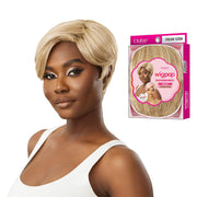 OUTRE WigPop Page short blonde haircut synthetic full cap wig worn by model with product box