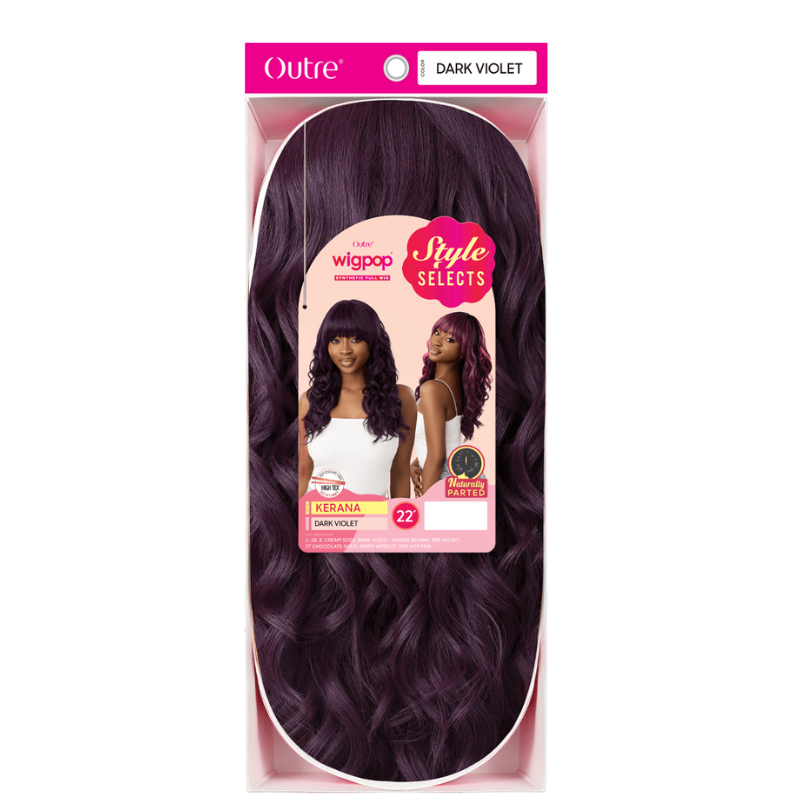 OUTRE dark violet long wavy wig with bangs packaged on card showing two models synthetic hair full cap wig