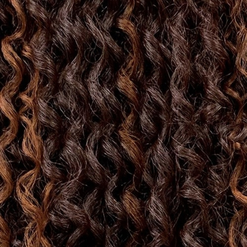 Close-up of OUTRE synthetic lace front wig with dark brown and auburn curly hair texture