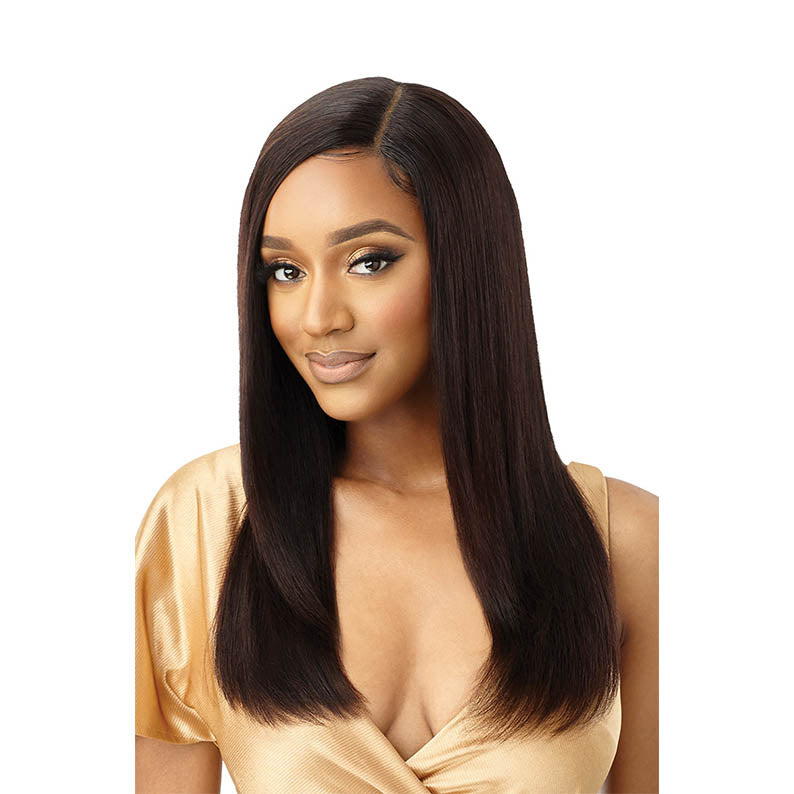 OUTRE unprocessed human hair lace front wig straight long dark brown middle part on model