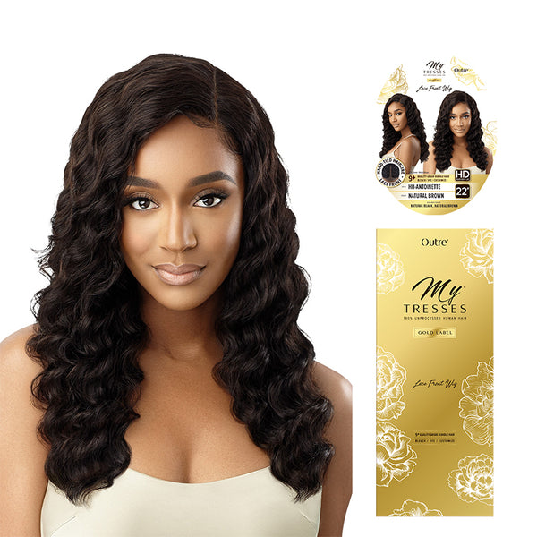 OUTRE My Tresses 22 inch natural brown deep wave on model and packaging unprocessed human hair lace front wig