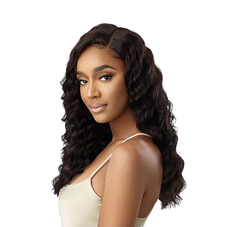 OUTRE unprocessed human hair lace front wig wavy dark brown long natural hairline on model