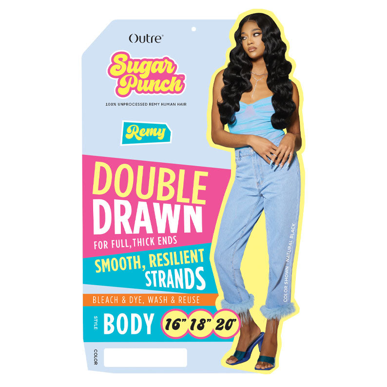 OUTRE Sugar Punch packaging showing model with long unprocessed Remy human hair body wave extensions
