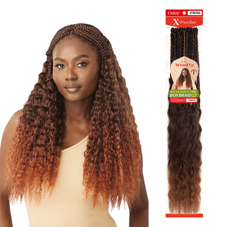 Outre wet and wavy box braids 22 inch in color 27B 350 with long curly braids styled on model