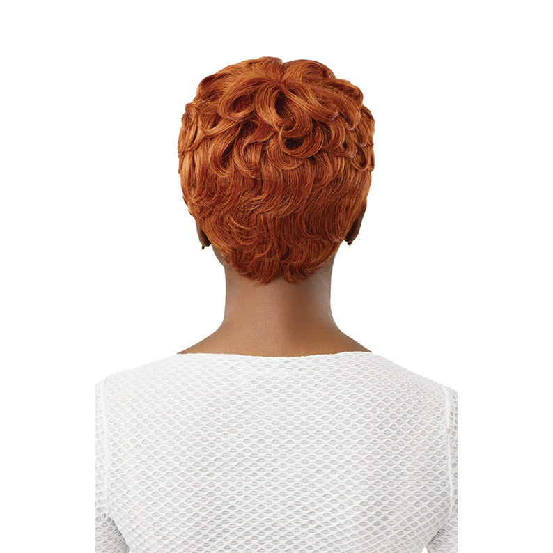 OUTRE Wigpop synthetic full cap wig short auburn wavy layered pixie back view on model in white top