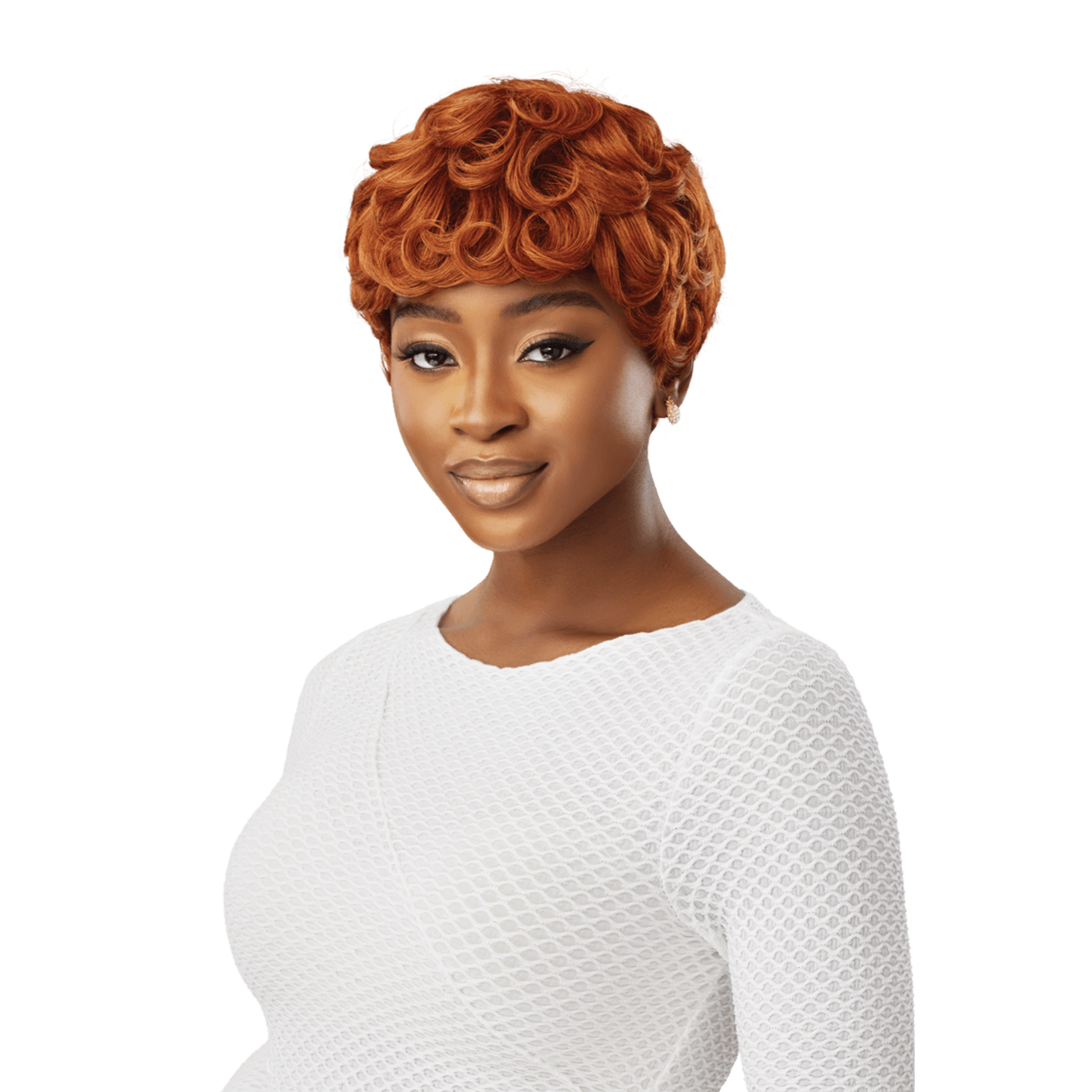 OUTRE Wigpop synthetic full cap wig short curly auburn pixie on model with natural hairline