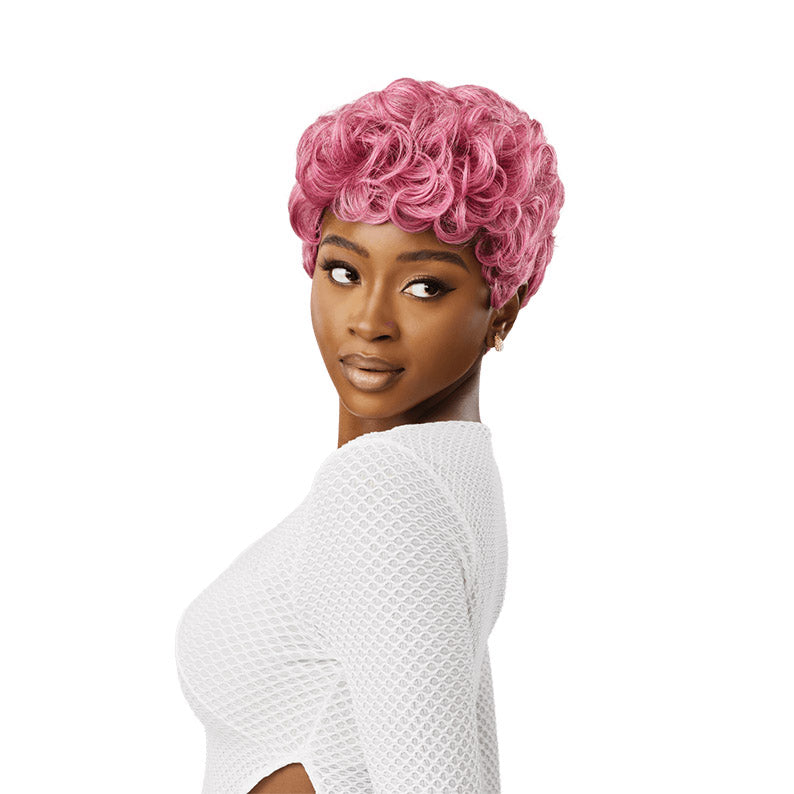 OUTRE Wigpop synthetic full cap wig short curly pink pixie on model wearing white textured top