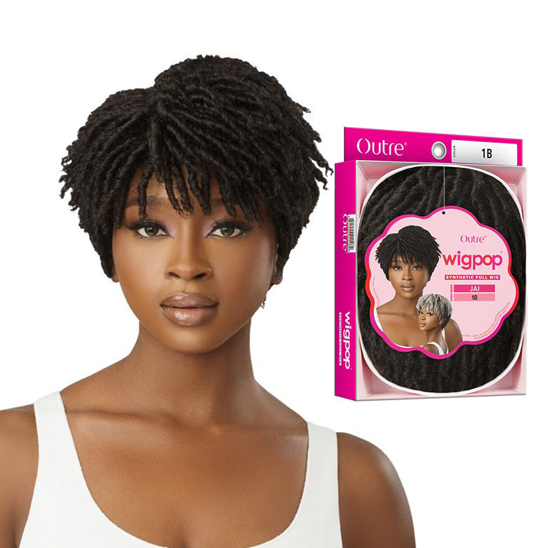 OUTRE WIGPOP synthetic full cap wig short textured faux locs on model with product box packaging