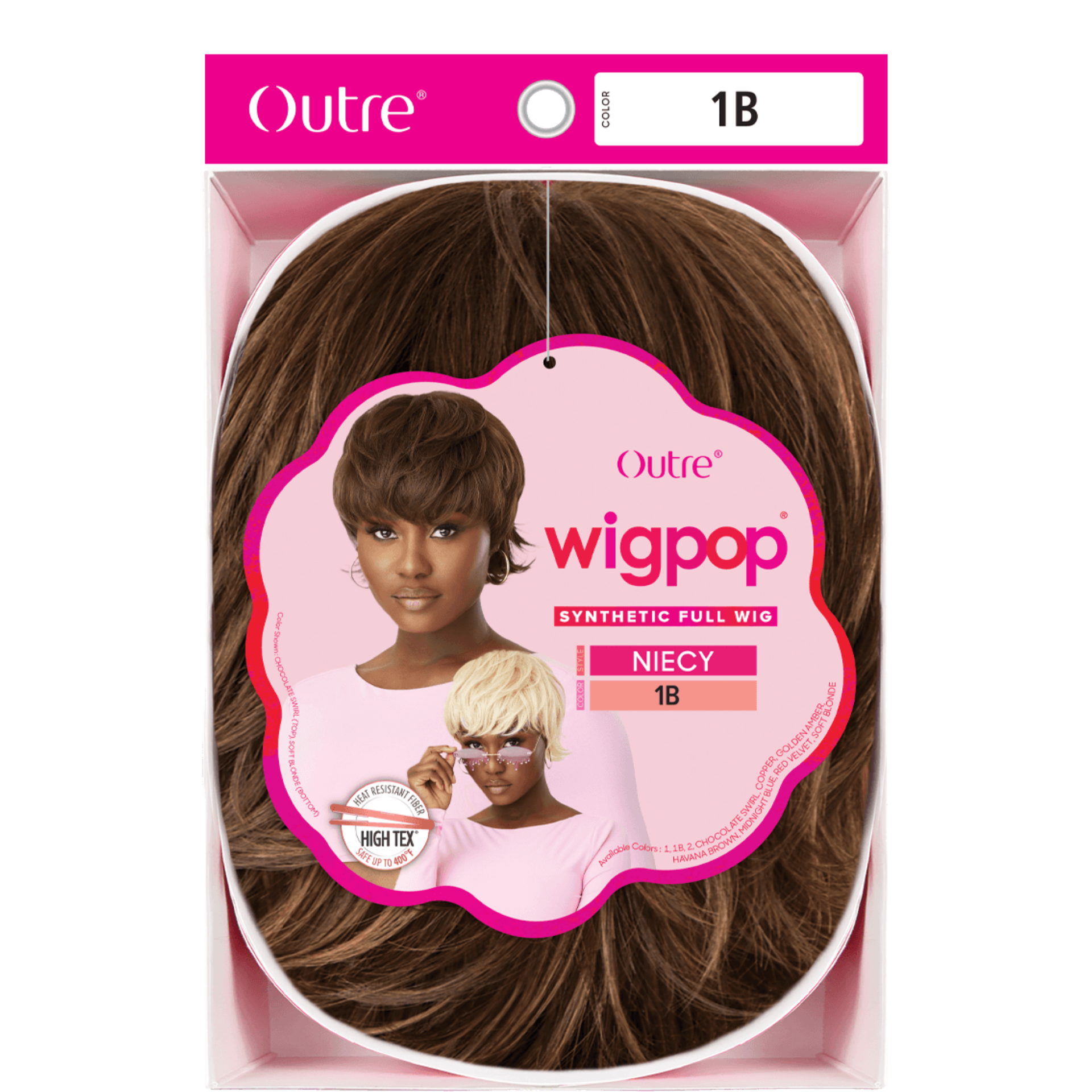 OUTRE WIGPOP synthetic full cap wig Niecy 1B dark brown short layered pixie style in pink retail box