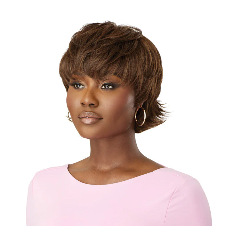 OUTRE WIGPOP synthetic full cap wig chestnut layered pixie with side swept bangs and tapered back on model