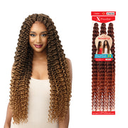 OUTRE X-Pression Deep Twist 26 inch hair braid in ombre brown shades displayed with model wearing long curly twists