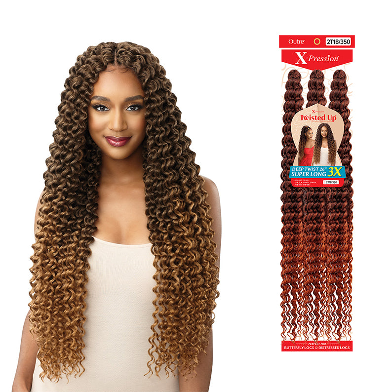 OUTRE X-Pression Deep Twist 26 inch hair braid in ombre brown shades displayed with model wearing long curly twists