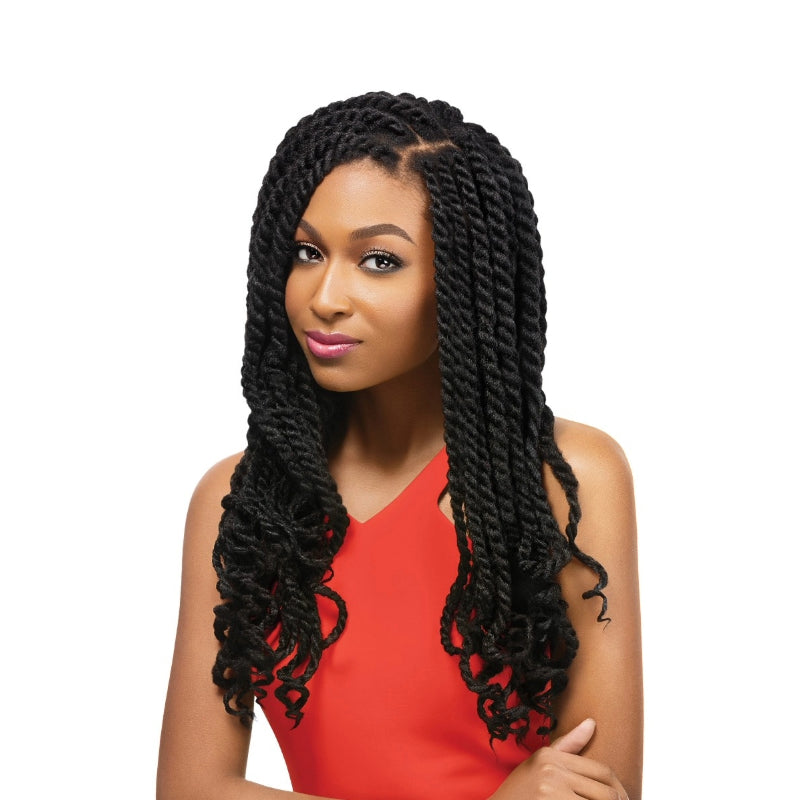 Woman with long black X-Pression Soft Reggae Braid hairstyle wearing a red sleeveless top
