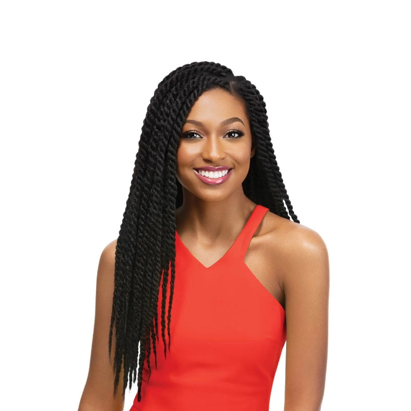 Smiling woman with long black X-Pression Soft Reggae Braid wearing a red sleeveless top