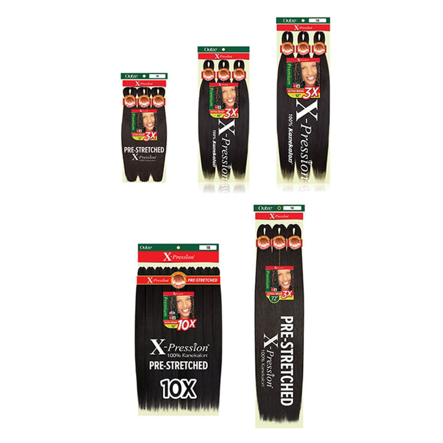 Outre X Pression pre-stretched braiding hair packages in black with light green ombre tips assorted lengths