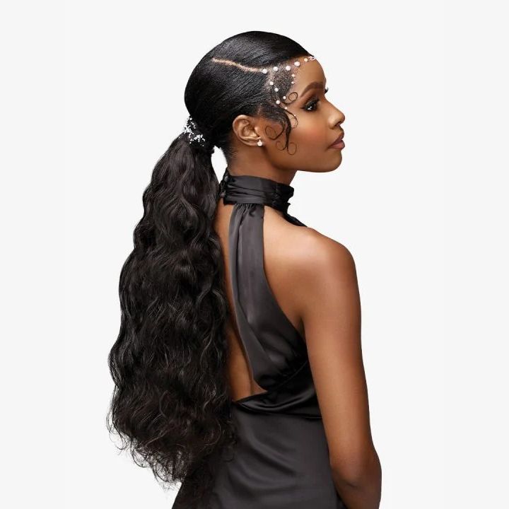 SENSATIONNEL HD lace closure body wave long black ponytail with sleek laid edges and jeweled hair accessories