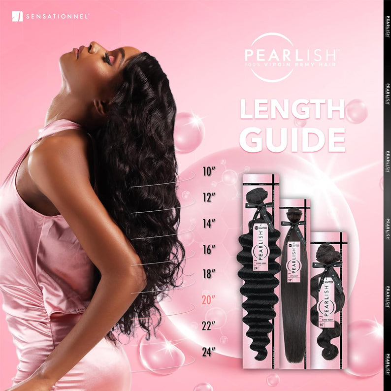 Sensationnel model with long wavy hair and length guide beside packaged Virgin Remi Euro Deep Pearl hair extensions
