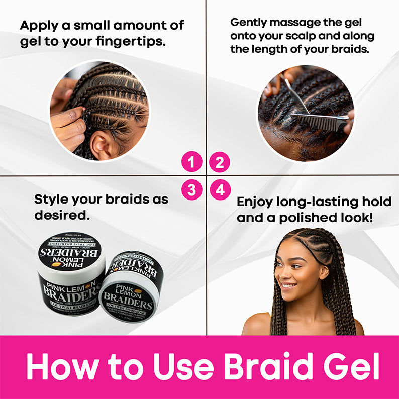 pink lemon braiders edge control braid gel tutorial showing product jars application steps and braided model