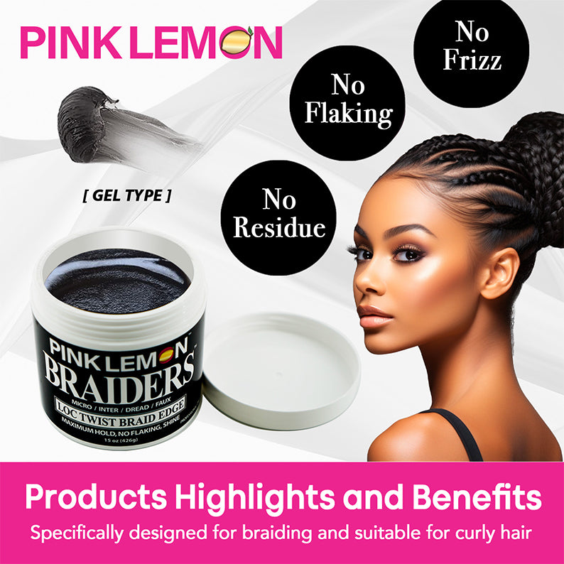 pink lemon braiders edge control jar with open black gel and braided woman showing sleek edges