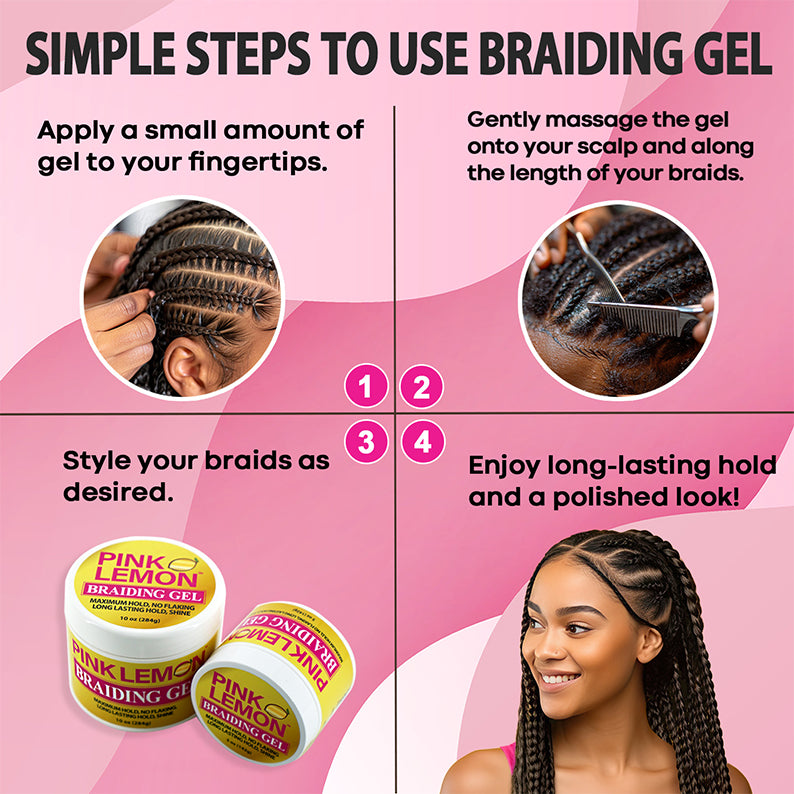 PINK LEMON instructional image showing application steps with jar and model wearing long braids using pink lemon braiding gel
