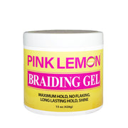 Jar of pink lemon braiding gel 15 oz with yellow PINK LEMON label maximum hold no flaking long lasting shine