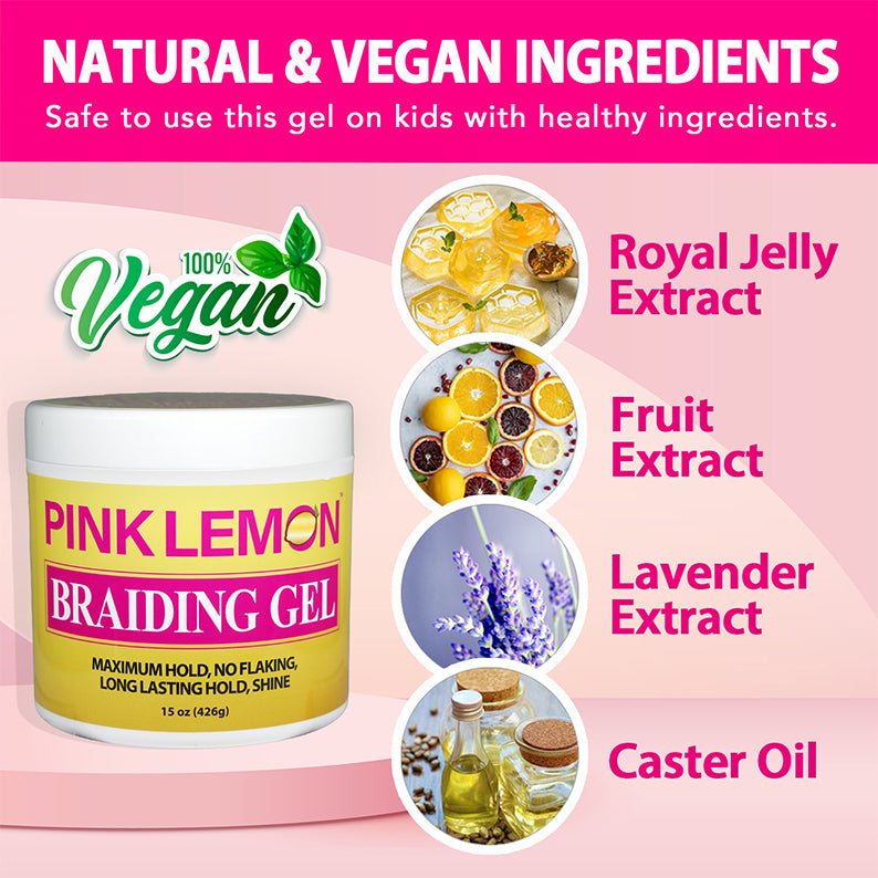 Jar of pink lemon braiding gel with vegan label showing royal jelly, fruit, lavender extract and caster oil