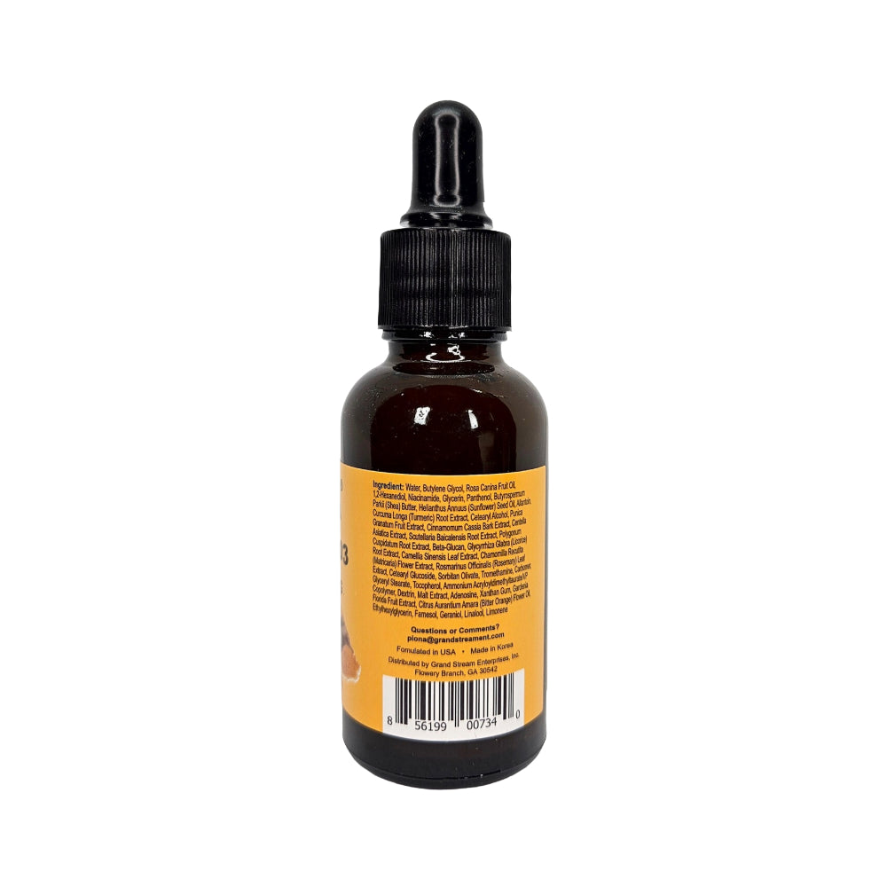 PIONA turmeric skin brightening serum amber glass dropper bottle with yellow back label