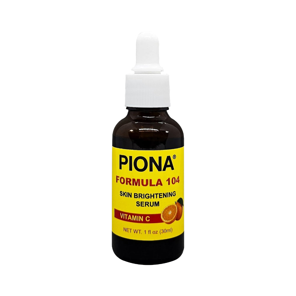 PIONA Formula 104 amber dropper bottle of vitamin C skin brightening serum 1 fl oz with orange image
