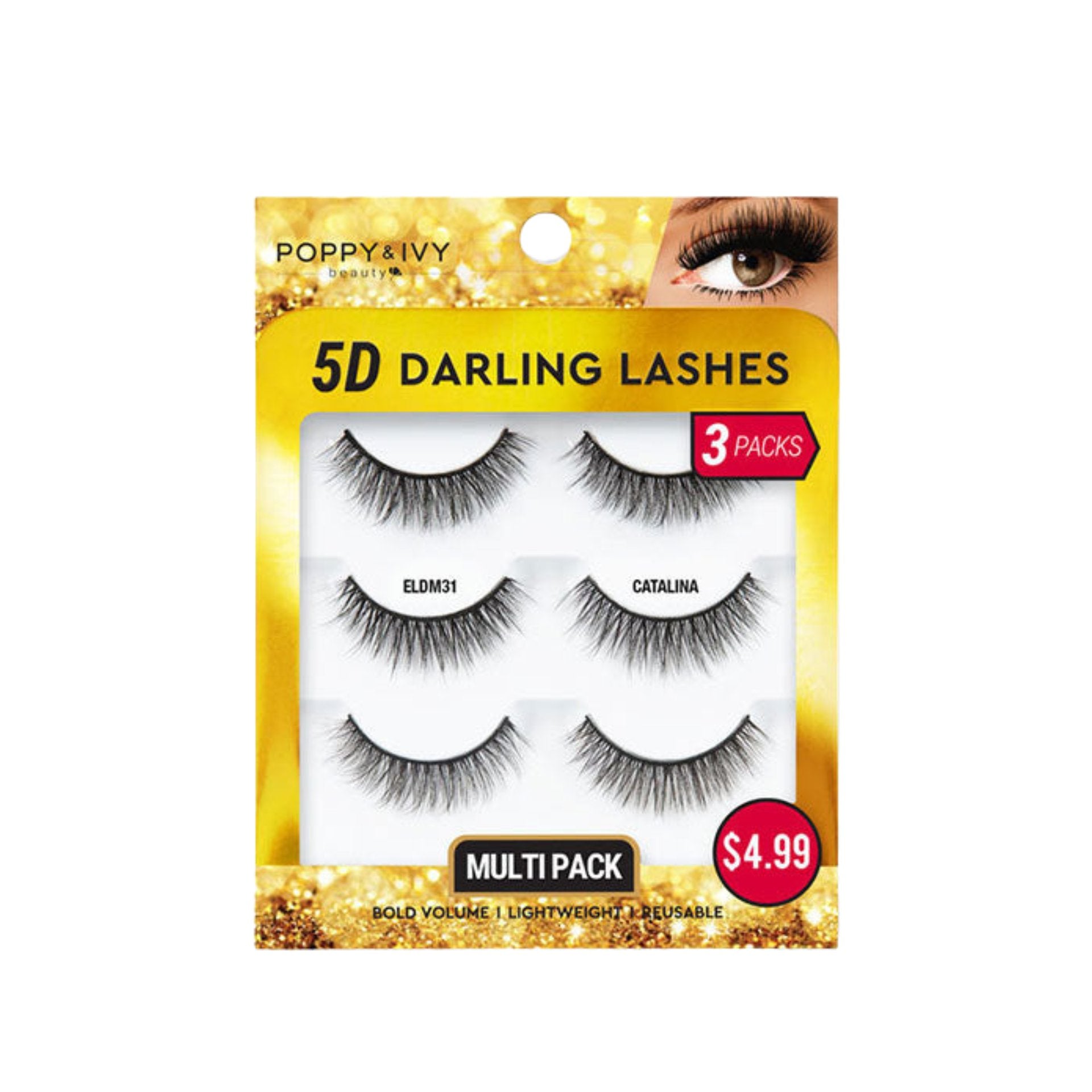 5D Darling Lashes 3 pack multi pack of three full volume false eyelashes in gold window box packaging