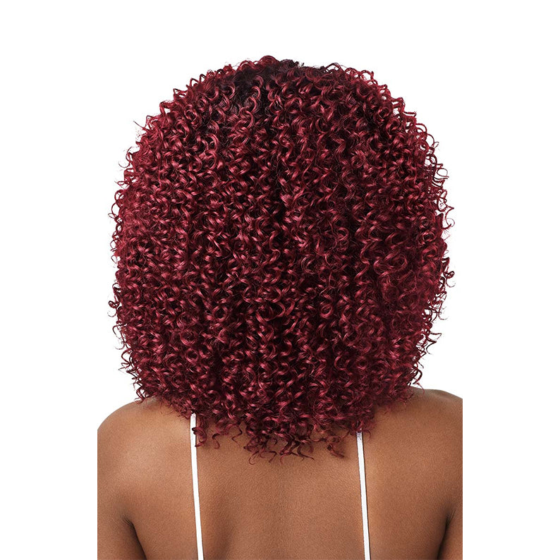 OUTRE Jerry curl long weave shoulder length burgundy tight coil curls back view on model